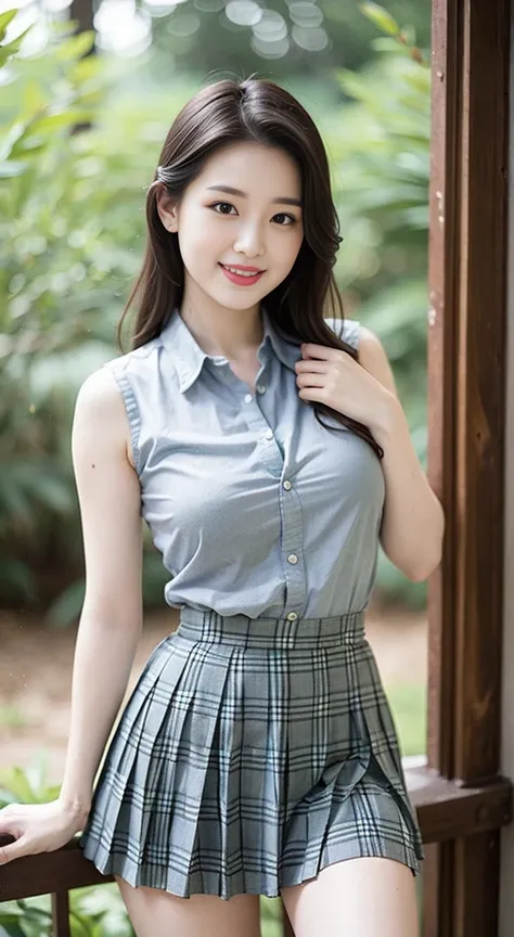 Highest quality, 1 beautiful woman, 28 years old,  Large breaSt bulgeS, S, 35mm lens, F/1, Cowboy Shot, Specific Background、(A girl in the forest), Perm、Sweat　((light gray shirt)), sleeveless,((Short plaid pleated skirt:1.3))，(a charming Smile:1.2), White ...