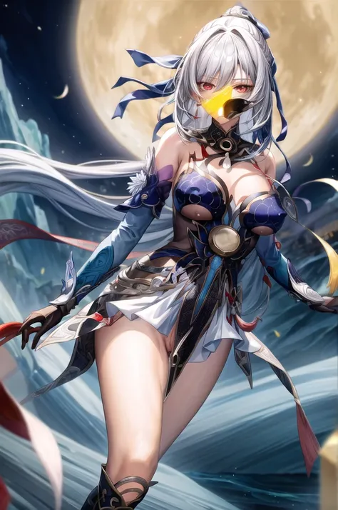 masterpiece, Highest quality, JingliuV5, One girl, alone, View your viewers, Red eyes, gloves, dress, Holding, Exposing shoulders, Mouth closed, arms, boots, null, black gloves, sword, Holding arms, night, Holding sword, moon, night null, full moon, From t...