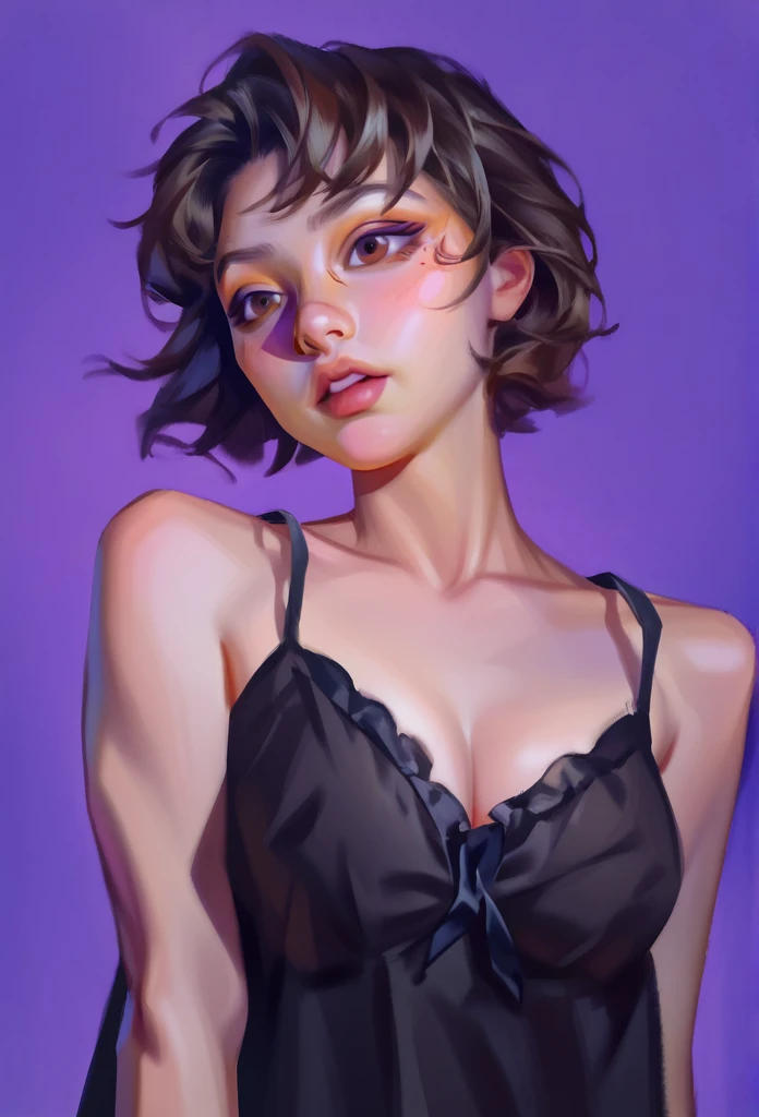 smudgy, traditional art, liu2, brush texture, score_9, score_8_up, score_7_up, score_6_up, score_5_up, score_4_up, BREAK 1girl, extreme short hair, black silk nightgown, dark Brown eyes, detailed face shot (masterpiece, high quality:1),