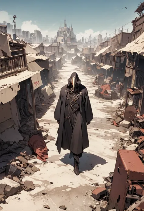 A man dressed as a bubonic plague doctor touring a desolate city with bodies everywhere 