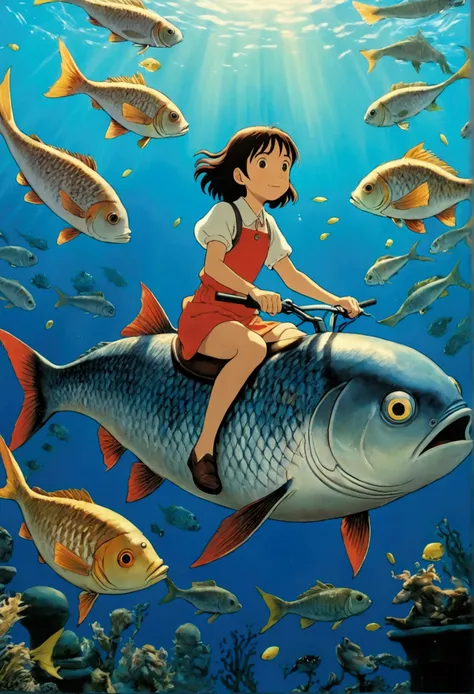 Ghibli　In the water　Girl riding on a fish surrounded by fish