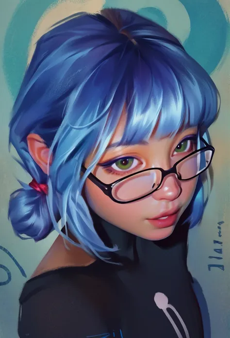 smudgy, traditional art, liu2, brush texture, score_9, score_8_up, score_7_up, score_6_up, score_5_up, score_4_up, BREAK 1girl, girl with blue hair and bangs with glasses with beautiful tanned skin looking at the camera girl, black skin, detailed backgroun...