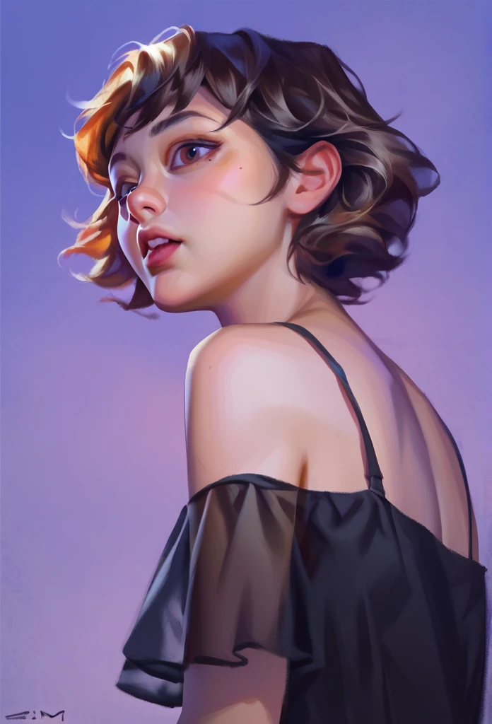 smudgy, traditional art, liu2, brush texture, score_9, score_8_up, score_7_up, score_6_up, score_5_up, score_4_up, BREAK 1girl, extreme short hair, black silk nightgown, dark Brown eyes, detailed face shot (masterpiece, high quality:1),