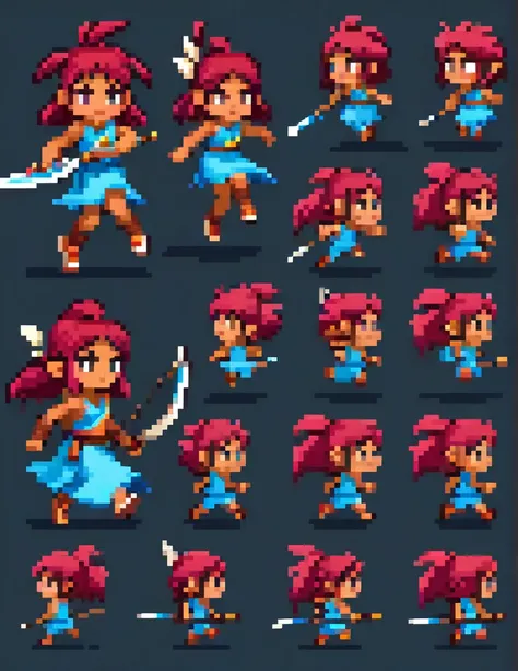 Create a sprite sheet for character animations that includes frames for movement, running, jumping, sword attack, spear attack, and bow attack. Mas o personagem é uma  de cabelo azul escuro cor de pele pardo e olhos rosa  com uma pequena mochila nas costas...