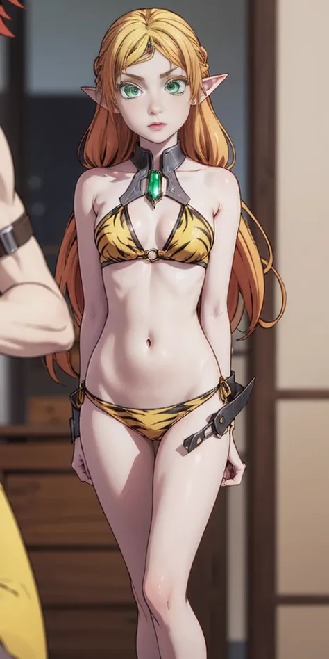 tsundere elf Mai Valentine, long hair, blonde hair (green eyes:1.1) pointy ears, elf, multicolored hair, forehead jewel, yellow tiger bikini, standing symmetrical, blurry background