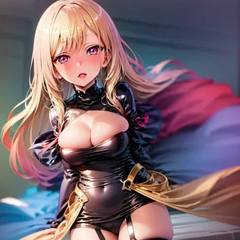 (Highest quality). (Super detailed). (One girl), View the viewer. (Detailed Background). Beautiful and fine details. Delicate and beautiful face. (High saturation), Big Breastsな, Saggy breasts, Sexy black lingerie, whole body, Long legs, Big Breasts,