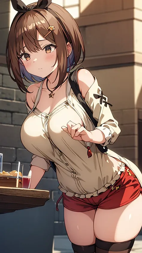 masterpiece,hentai, Naked Girls,favorite,Bounce and shake wildly,, 32K,Super detailed,Ultra-detailed,Big Breasts, Vibrant breasts, Short brown hair, shirt, Shorts, Black knee socks, Ryza outfit, loungewear, {{A biological weapon that preyed on the sleeping...