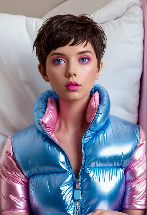 Masterpiece, Best Quality, ((cute girl in a shiny puffer, light blue, pink, short sleeves, small perky breasts, extremely detailed face, detailed eyes, detailed lips, random short hairstyle, small hips, in a spaceship, on a bed, soft light))