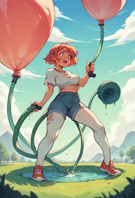 A girl with her belly and breasts being inflated like a giant balloon with a hose