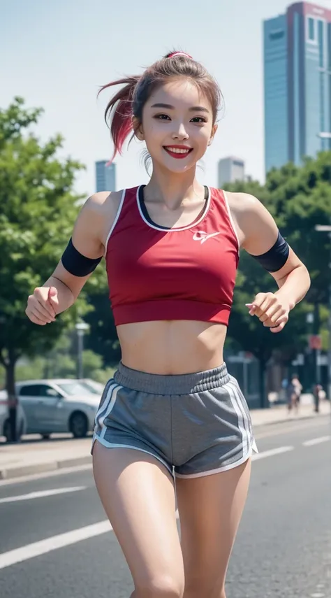 best quality, 4k, 8k, Detailed faces, clear face, Beautiful Girl, Korean makeup, red lips, smiling, slim body, First round medium, thigh, Platinum hair, hair tied in a ponytail, Girl in sportswear, short crop top, Tight shorts, coordinated multi-colored ou...