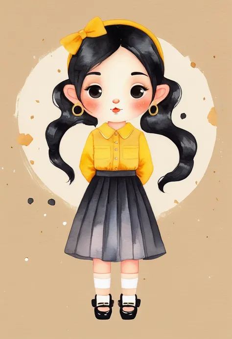 Miniature Painting, watercolor style,  cartoonA woman looking straight ahead,Perfect face, she has black hair with bangs, brown eyes, small freckles on her face, earrings in her ears and a chain on her arm. She is wearing a black skirt and white blouse wit...