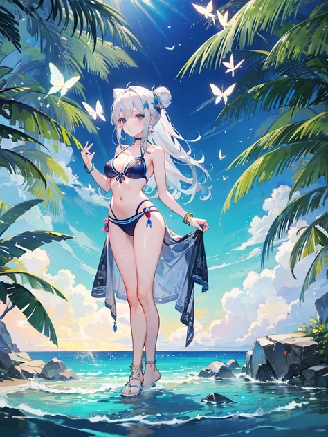 High resolution, masterpiece, accurate, Highest quality, Winner of numerous awards, High-resolution model, 
Silver Hair, Wet Hair, Long Hair, Bun ponytail, 
slender、
Seaside, 
Butterfly Hair Ornament, Crystal Earrings, 
Swimwear, Simple bikini, Butterfly a...