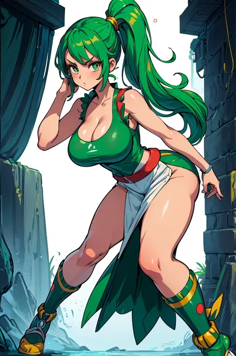 (masterpiece, best quality, high resolution, (pokemon style) ((huge breasts)) 1 girl, green hair tied in a side ponytail, very s...