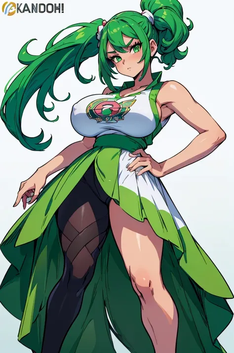 (masterpiece, best quality, high resolution, (pokemon style) ((huge breasts)) 1 girl, green hair tied in a side ponytail, very sexy pokemon trainer clothes, serious ((white background,)), ((of full length foot)),
