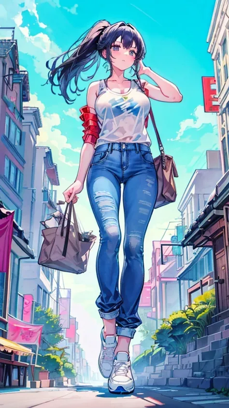 Composition viewed from below　masterpiece　　Unreal Engine　Anime Style　Delicate painting　4K　90s　giant　Multiple Girls　crowd　 　　Metropolis　Railway stations　line　Many trains　　crowd　Crowd of people　Giant girl standing in the city valley　Denim pants　Big Breasts　W...