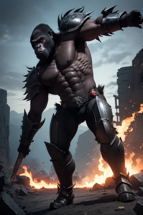 Complete warrior, fierce gorilla in hellfire, with full armor and helmet, with shadow power and hellfire, murderous and strong, very monster