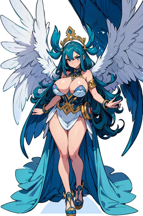 (masterpiece, best quality, high resolution, (pokemon style) ((huge breasts)) 1 pokemon goddess with large white wings, divine looking full body, ((white background,)), ((full body standing) ),
