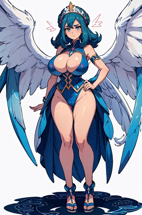 (masterpiece, best quality, high resolution, (pokemon style) ((huge breasts)) 1 pokemon goddess with large white wings, divine looking full body, ((white background,)), ((full body standing) ),
