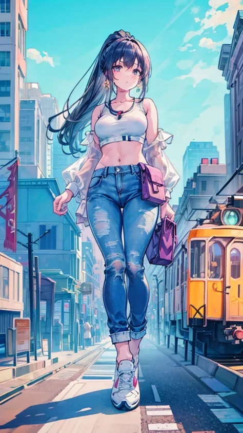 Composition viewed from below　masterpiece　　Unreal Engine　Anime Style　Delicate painting　4K　90s　giant　Multiple Girls　crowd　 　　Metropolis　((Railway stations))　line　Many trains　　crowd　Crowd of people　Giant girl standing in the city valley　Denim pants　Big Breas...