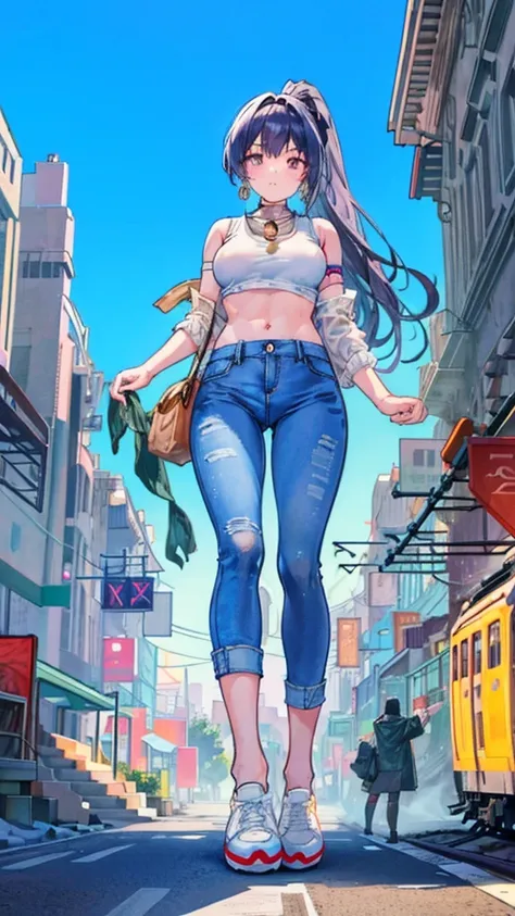 Composition viewed from below　masterpiece　　Unreal Engine　Anime Style　Delicate painting　4K　90s　giant　Multiple Girls　crowd　 　　Metropolis　((Railway stations))　line　Many trains　　crowd　Crowd of people　Giant girl standing in the city valley　Denim pants　Big Breas...