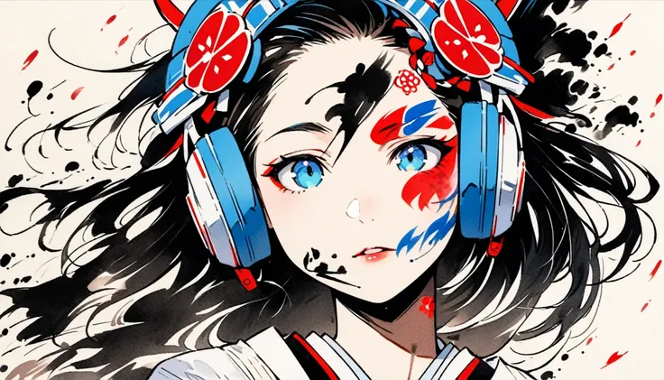 (((Ink Painting))), ((Japanese style headphones)), (((Japanese pattern tattoo on face))), face close up, Gorgeous hair accessories, Japan人の女, Fluttering Hair, Japan, Japanese flag, blue