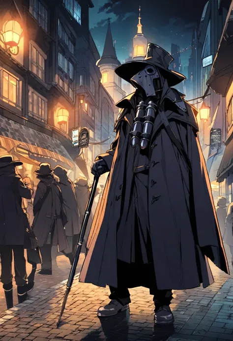 A man dressed as a bubonic plague doctor touring a city at night, this one carries a cane 