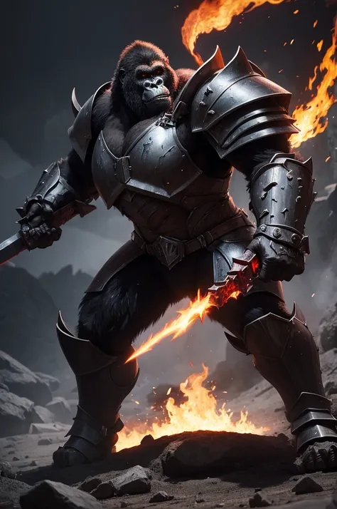 Ferocious monster warrior gorilla in hellfire, with full armor and helmet, with shadow power and hellfire, murderous and strong