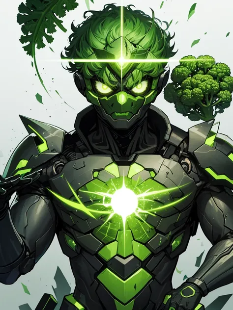 A man wrapped entirely in green broccoli,Skin color is green,Broccoli growing from head,The face is green,Cyborg Ninja,(Image of 1 person),