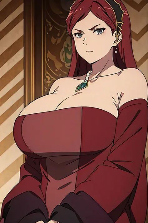 dress, hair band, maroon hair, milf, busty, huge  , long hair,  cleavage, emotionless, detailed, upperbody,