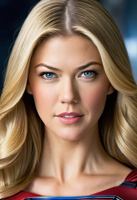 (((Extreme close-up of a beautiful woman with part of her head shaved))),(((Adrianne Palicki under the mantle of the Kryptonian Kara Zor-The alias Supergirl(((With part of his head completely shaved))), long blonde hair))))(((Front Images))),(((Splash colo...