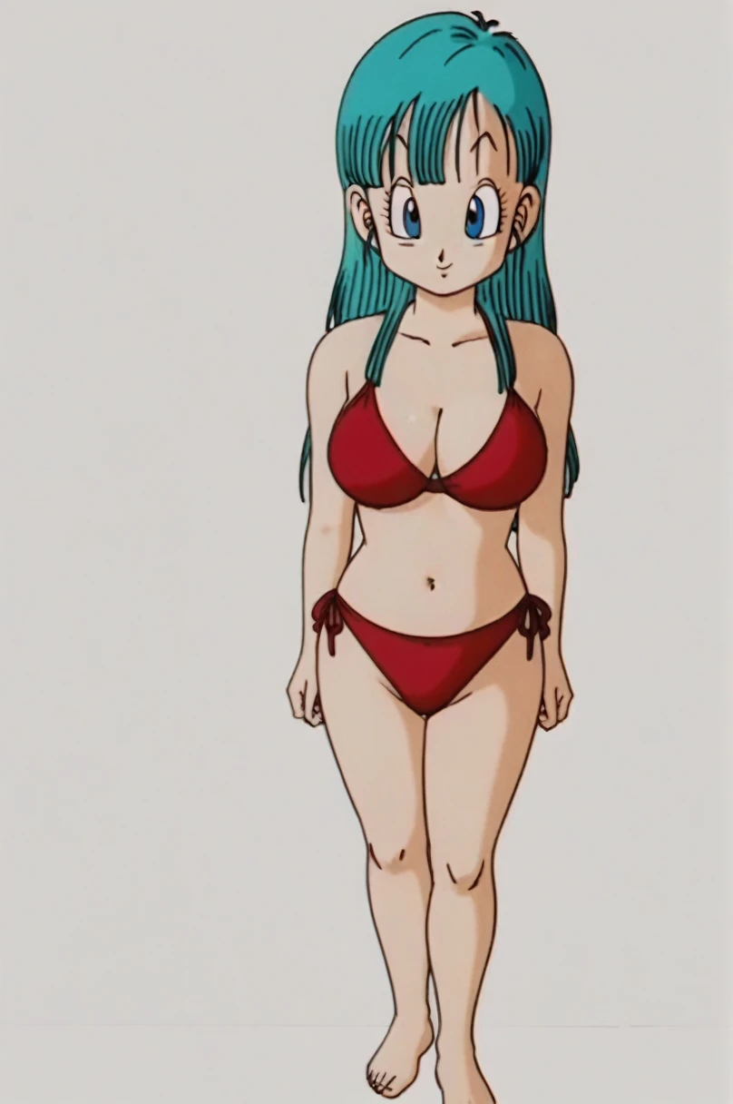 source_anime, score_9, score_8_up, score_7_up, anime screencap, 
bulma (dragonball), 1girl, solo, long hair, looking at viewer, bangs, blue eyes, eyes half closed, red bikini, standing, upper body, horny facial expression, aqua hair, bare feet, collarbone,...