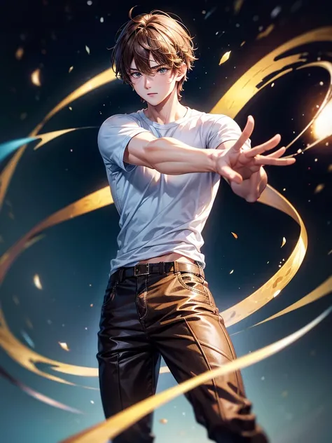 Highest quality,Highest Resolution,A beautiful boy in casual clothes striking a fighting pose,Brown Hair,universe,Milky Way,Both hands are glowing,whole body,front,Expressionless,