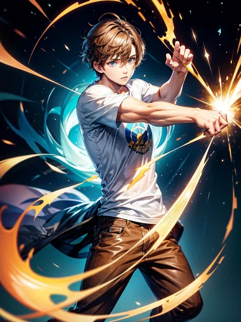 Highest quality,Highest Resolution,A beautiful boy in casual clothes striking a fighting pose,Brown Hair,universe,Milky Way,Both hands are glowing,whole body,front,Expressionless,