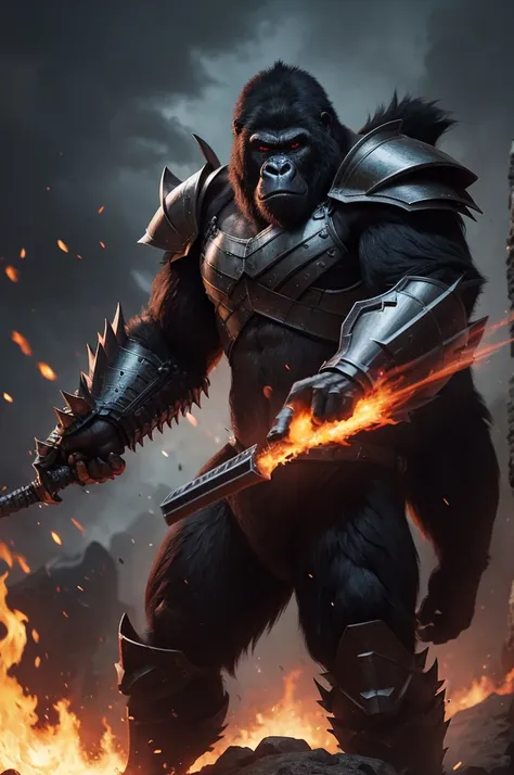 Ferocious monster warrior gorilla in hellfire, with full armor and helmet, with shadow power and hellfire, murderous and strong