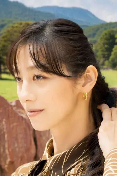 ((Highest quality)), ((masterpiece)), (detailed),Perfect Face,Japanese,landscape,Mature Woman,Upper Body