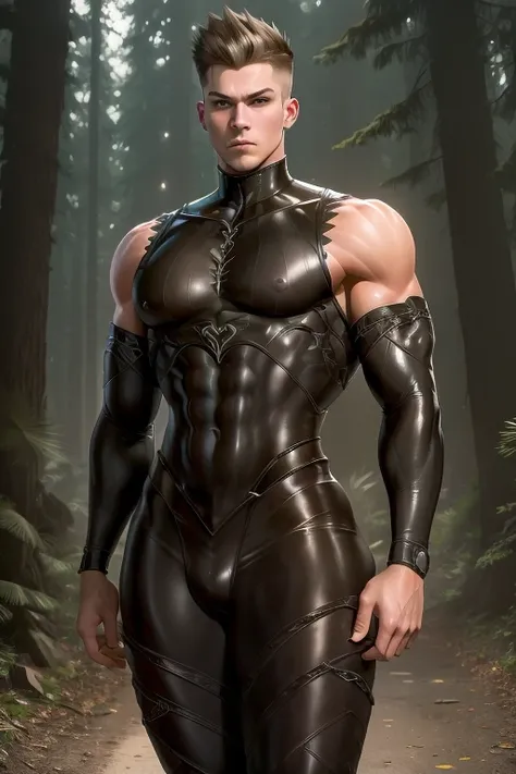 A young man, having long legs, thick thighs, large hips, thin and narrow weist, big large feminine breasts, large male reproductive organs, very small spikey boyish haircut, wearing dress , hot male , detached sleeves , forest 