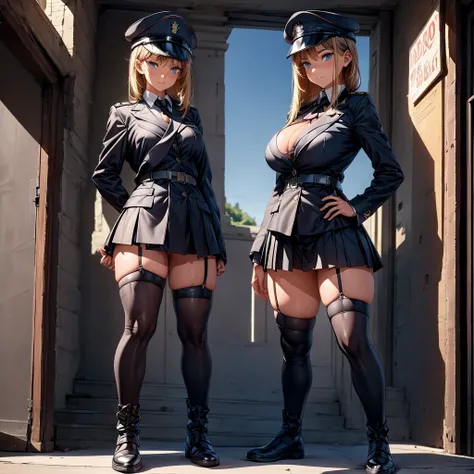 Browsing Caution,Footjob,masterpiece, Highest quality, One Girl,expensive,Very long legs, Very thick thighs, blue eyes, Sleepy eyes, big , Black military uniform,Knee-high boots, Black knee socks, Black Garter Strap, military cap,Standing posture,Hands on ...