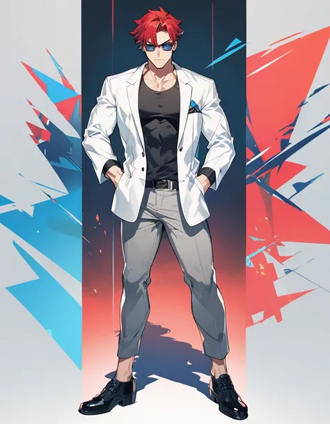 A anime man, red hair, blue eyes, sunglasses, white jacket, black t-shirt, gray pants, serious expression, black shoes, slightly muscular body, standing, full body