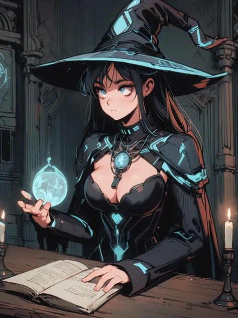 depicts a modern-day witch who has embraced the world of cybernetics to enhance her magical abilities. the artwork should convey...