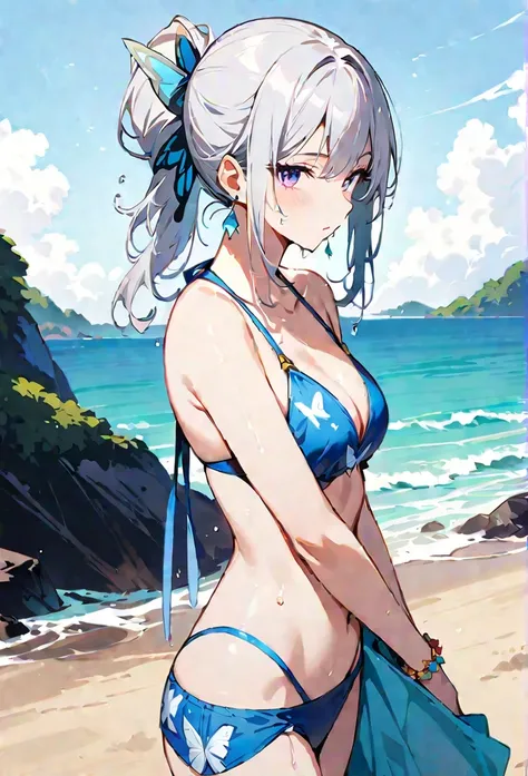 High resolution, masterpiece, accurate, Highest quality, Winner of numerous awards, High-resolution model, 
Silver Hair, Wet Hair, Waist-length hair, Bun Hair, ponytail, 
slender、
Seaside, 
Butterfly Hair Ornament, Crystal Earrings, 
Swimwear, Simple bikin...