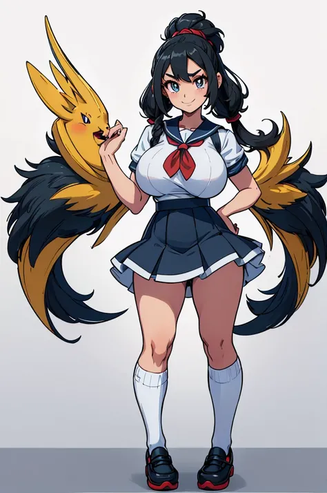 (masterpiece, best quality, high resolution, (pokemon style) ((huge breasts)) 1 girl. black hair tied in 2 short pigtails, sailor uniform, very short sailor miniskirt, long white stockings, smile, school shoes ,,,((white background,)), ((full body standing...