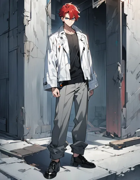 A anime man, short red hair, blue eyes, white jacket, black t-shirt, gray pants, serious expression, black shoes, thin body,standing, full body