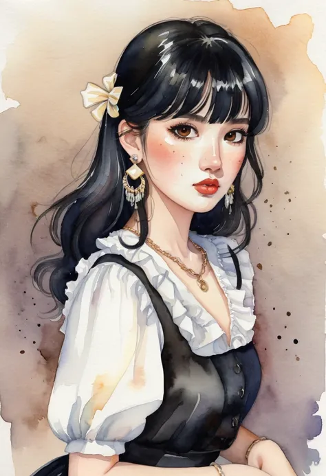 Miniature Painting, watercolor style,  cartoonA woman looking straight ahead,Perfect face, she has black hair with bangs, brown eyes, small freckles on her face, earrings in her ears and a chain on her arm. She is wearing a black skirt and white blouse wit...