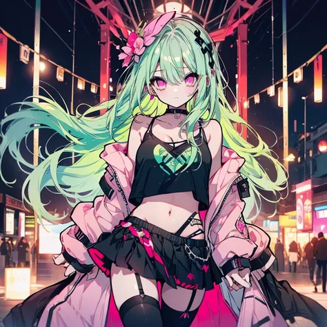 1 girl、mature、Ample breasts、Long Hair、Mint green hair、Pink Eyes、Punk Costume、Idol、black t-shirts、Shoulder Bare、camisole、Torn T-shirt、belly button、choker、mini skirt、Ripped black knee-highs、Night view、High resolution、Highest quality