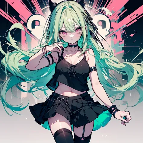 1 girl、mature、Ample breasts、Long Hair、Mint green hair、Pink Eyes、Punk Costume、Idol、black t-shirts、Shoulder Bare、camisole、Torn T-shirt、belly button、choker、mini skirt、Ripped black knee-highs、Night view、High resolution、Highest quality