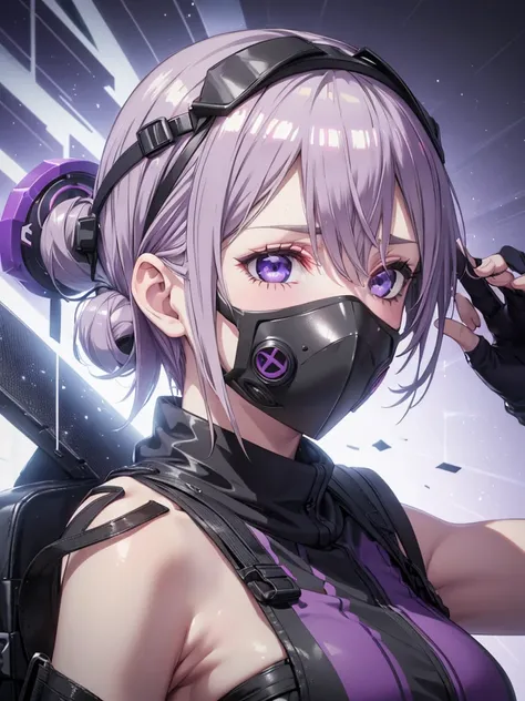 one girl, gray hair, multicolored hair, purple eyes, mask on head, side light, particles of light, wallpaper, arm up, sweating