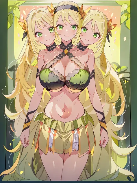 (masterpiece, best quality), best resolution, (3heads:1.5), 1girl, golden yellow hair, long flowing hair, smiling, seductive smile, open belly, light green-black crop top, light green-white miniskirt, open breasts, big tits, very huge tits, black headband,...