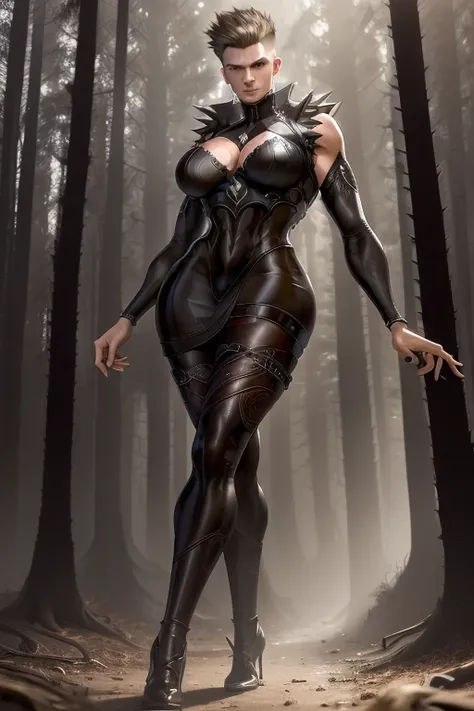 A young man, having long legs, thick thighs, large hips, thin and narrow weist, big large feminine breasts, large male reproductive organs, very small spikey boyish haircut, wearing dress , hot male , detached sleeves , forest 