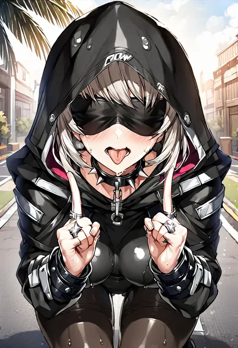 (((Thumb, index finger, middle finger, ring finger, little finger))), (((hands_up, double piece_sign, double_v:1.1, two fingers up))), hood, jacket, (((body suit))), black clothes, black wear, (((black tights))), weapon, cowboy shot, (((blindfold))), beaut...