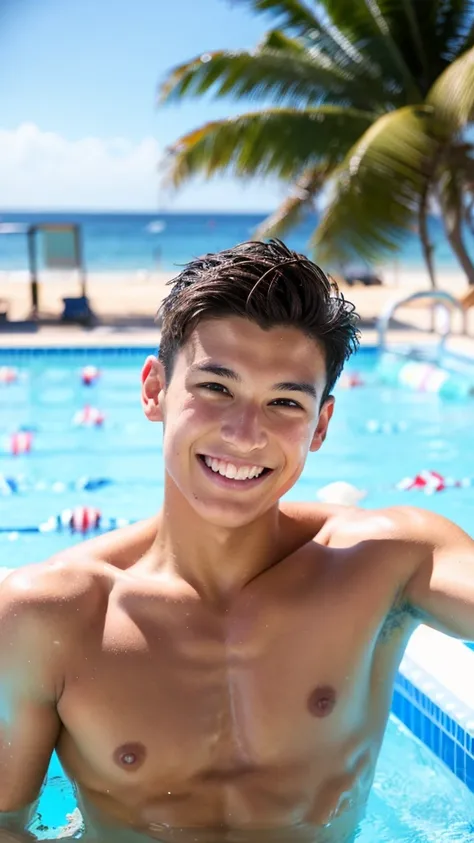 male Age 18 swimwear lifeguard topless smile